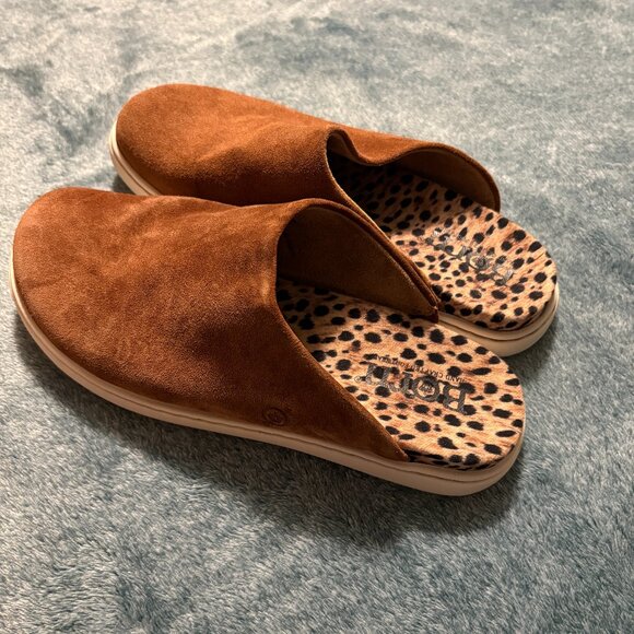 Born Brown Suede Slip On Mules Cheetah Print Women's Slippers Size 10 M - Picture 1 of 8